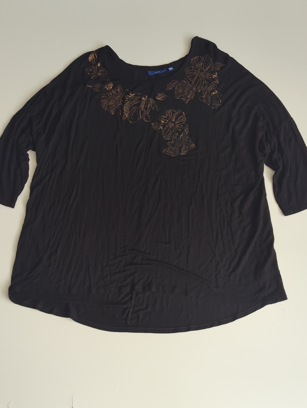 Apt. 9 Black Tunic with Metallic Bronze Floral Appliqué